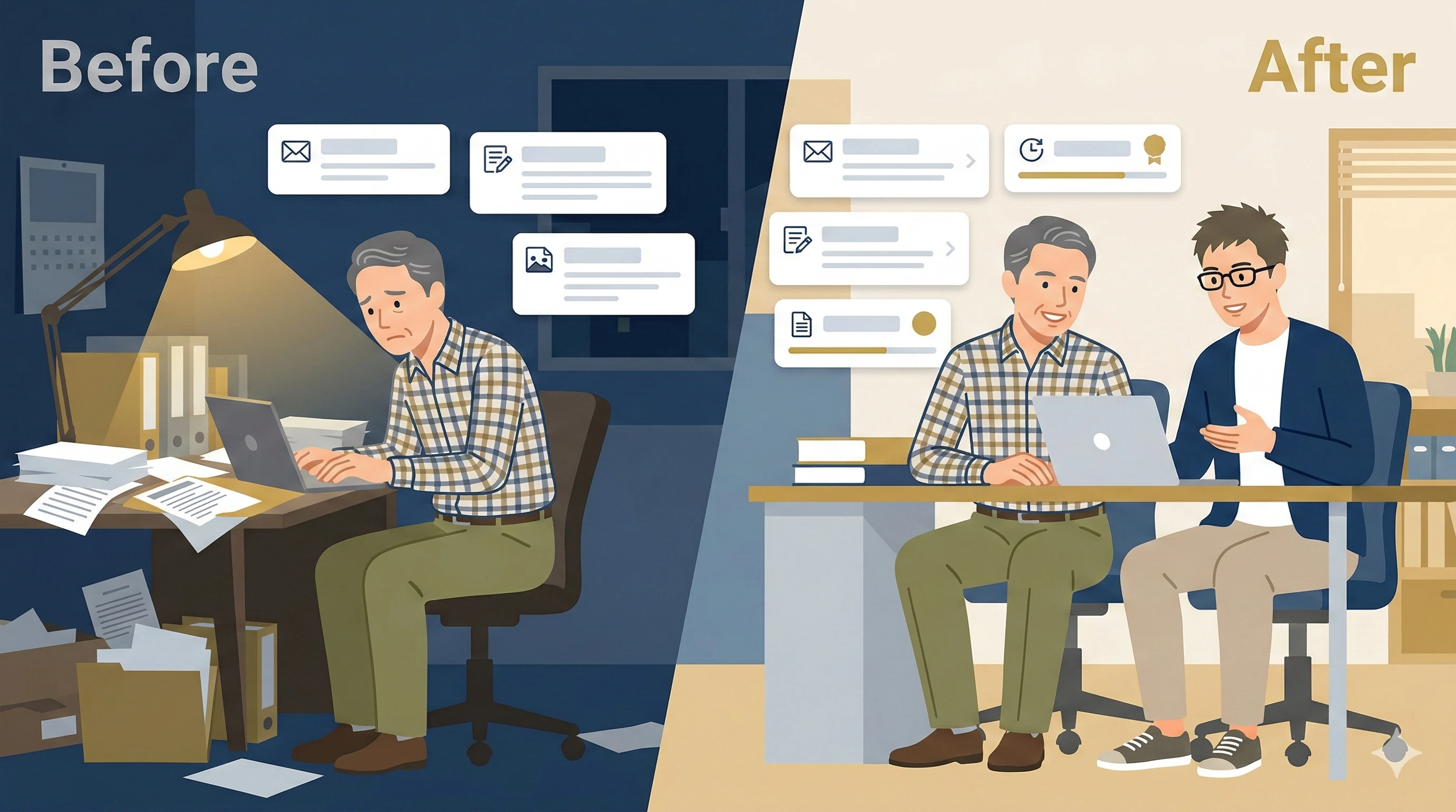 Before: 夜遅くまで一人で事務作業に追われる経営者。After: AIコンサルタントと一緒に、整理されたデスクで効率的に学ぶ姿。