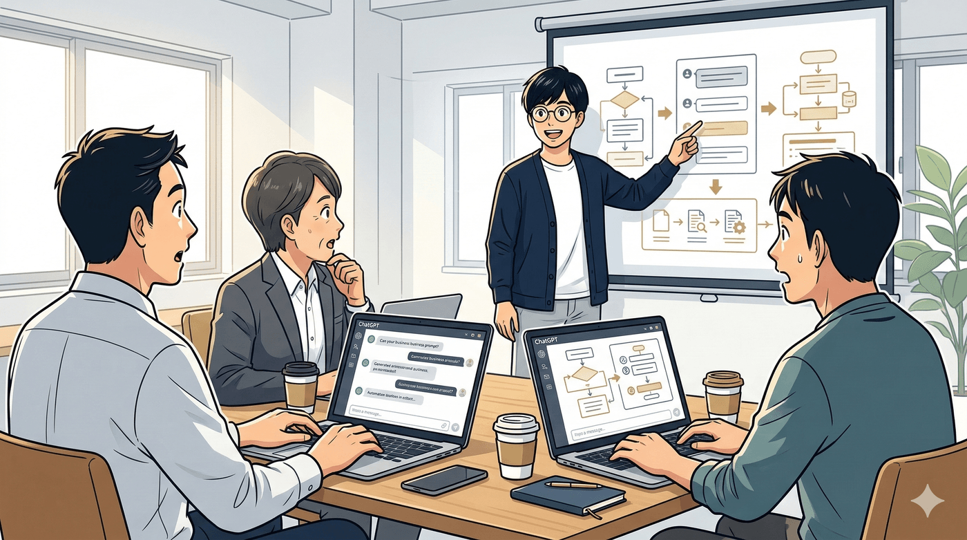 実務プロンプト講座のイメージ：講師がプロジェクター画面の横で説明し、受講者がPCで実践している様子