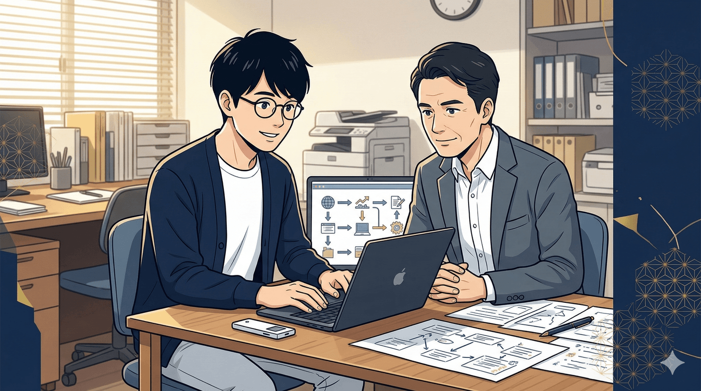 AI導入サブスクのイメージ：コンサルタントと経営者が一緒にPC画面を見ながらAI業務フローを設計している様子