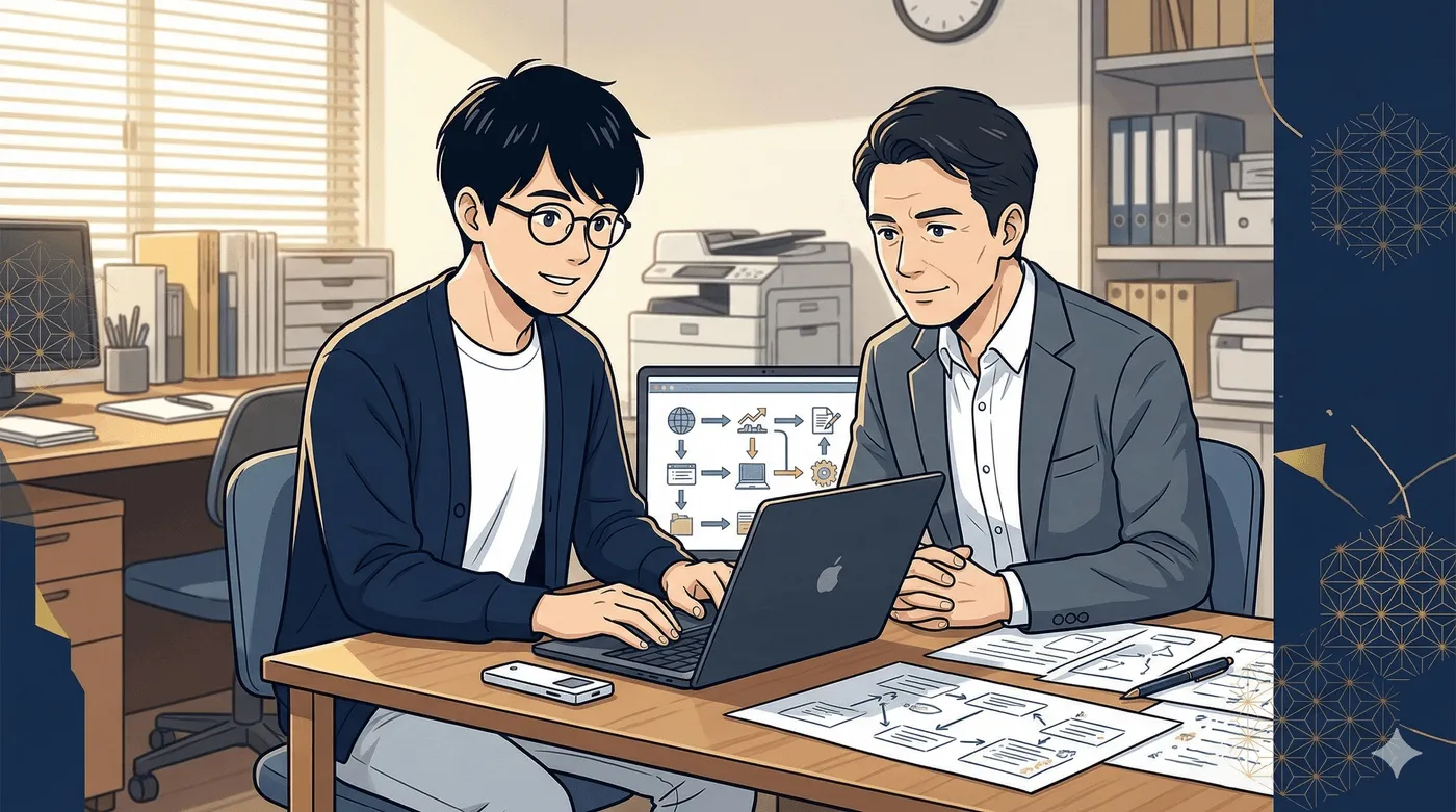 AI導入サブスクのイメージ：コンサルタントと経営者が一緒にPC画面を見ながらAI業務フローを設計している様子