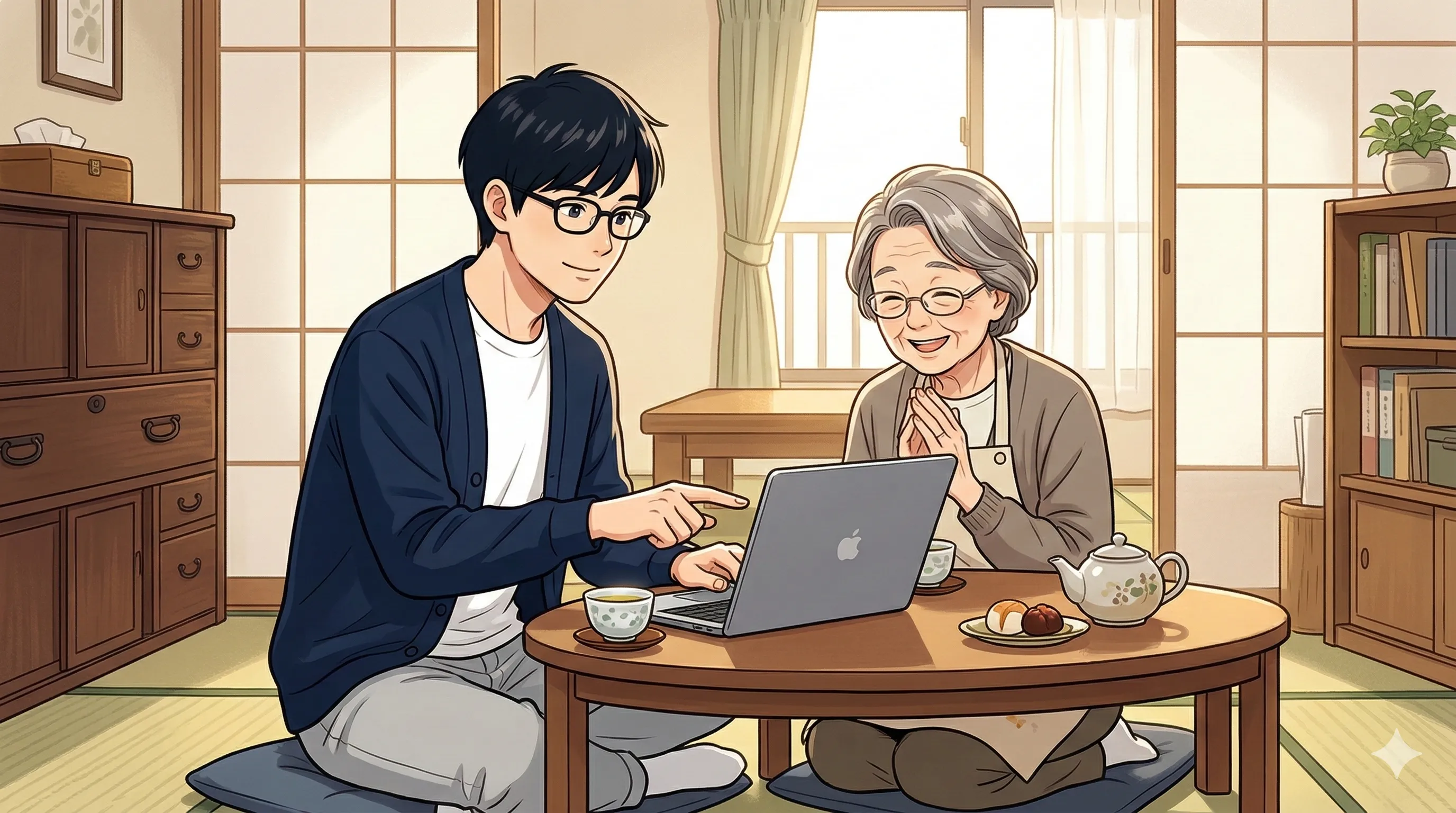 おたすけサポートのイメージ：おばあさんの自宅でパソコンの使い方を一緒に解決している様子